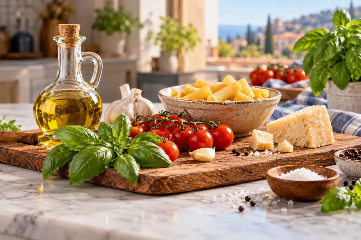 Ingredienti freschi della cucina italiana tradizionale su un piano di cucina luminoso